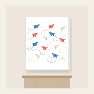 Paper Planes on Dotted Trails Canvas Print in white: Little paper planes trail dotted paths in blue, coral and cream.