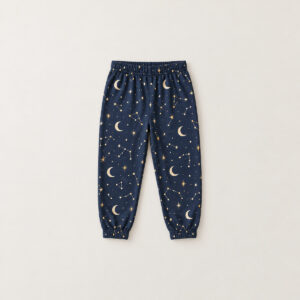 Bedtime Constellation Kids Pajama Pants with small constellations and crescent moons in cream and gold on navy