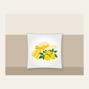 Sunhat with Three Lemons Pillow in white: A wide sunhat with a ribbon beside three lemons in cream, lemon yellow and green.