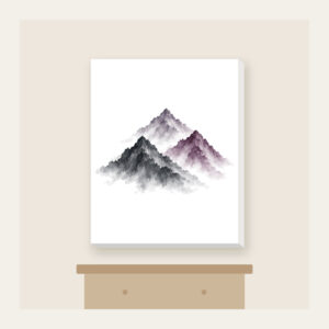 Three Overlapping Mountain Peaks Canvas Print in white: Three overlapping mountain peaks in charcoal grey and muted plum, painted in a restrained brush style.