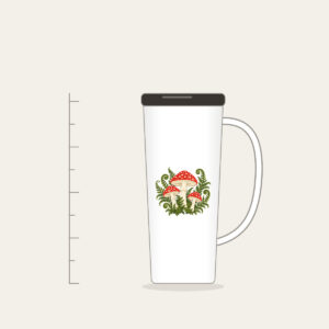 Red Toadstool Trio with Curling Ferns Tumbler with Handle in white: Three red-capped mushrooms with curling ferns in cream, red and moss green.