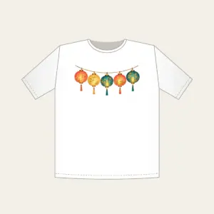 Five Glowing Paper Lanterns T-Shirt in white: A string of five paper lanterns in coral, gold and teal glows against a dark ground.