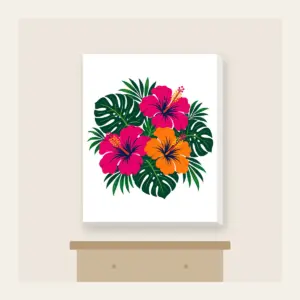 Hibiscus and Monstera Midnight Canvas Print in white: Magenta and orange hibiscus flowers with deep green monstera leaves on a navy base.