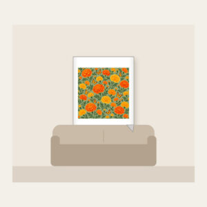 Marigolds and Butterflies on Sage Fleece Blanket in white: An all-over repeat of marigolds and small butterflies in orange and yellow on a sage ground.