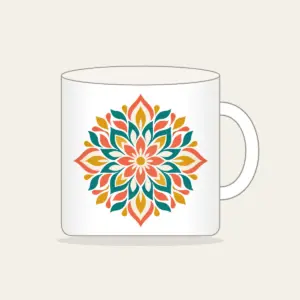 Petal Mosaic Kaleidoscope Mug in white: Symmetrical petal mosaics in coral, teal, mustard and cream.