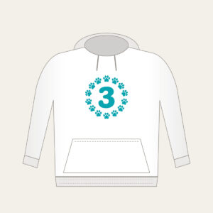 Teal Paw Circle with Number Three Hoodie in white: A ring of small white paw marks on teal circling the number “3”.