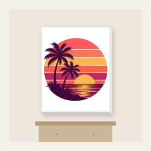 Palm Trees Against a Striped Sunset Canvas Print in white: Palm trees stand against a striped sunset in coral, plum and gold.