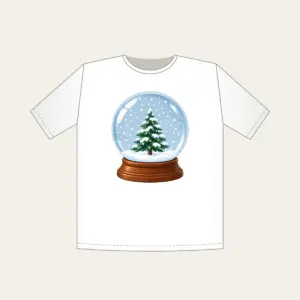 Tiny Pine Snow Globe T-Shirt in white: A small pine tree stands inside a round snow globe as white flakes swirl around it.