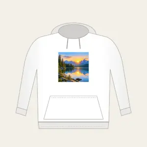 Quiet Lake at Sunrise with Pines Hoodie in white: A calm lake at sunrise with a pine shoreline, edged by a thin white border.