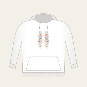 Drifting Wildflowers in Coral and Lilac Hoodie in white: Wildflowers in coral, lilac and sage drift in long lines across the artwork.
