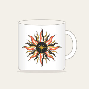 Sunburst Lines on Charcoal with a Small Star Mug in white: Sun lines in coral, gold and white radiate across a charcoal ground, with one small star set off to one side.