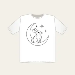 Line-Art Rabbit on a Crescent Moon T-Shirt in white: A white line-art rabbit sitting on a crescent moon with three stars.