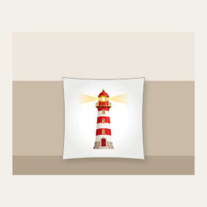 Striped Lighthouse Beam Pillow in white: A red and white striped lighthouse sends out a gentle golden beam of light.