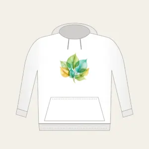 Overlapping Translucent Leaves Hoodie in white: Translucent leaves overlap in green, aqua and gold.