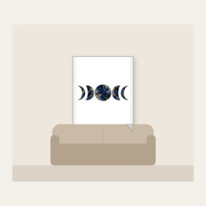 Gold-Veined Navy Marble with Moon Phases Fleece Blanket in white: A marbled navy field with gold veining and a row of five moon phases in the center.