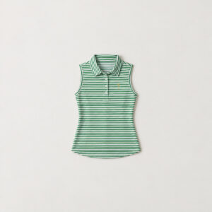 Fairway Stripe Sleeveless Polo with fine fairway stripes in green and white with a small gold tee mark at the chest