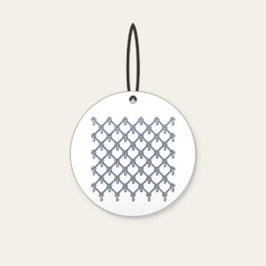 Navy Lattice with Tiny Keys Ceramic Ornament in white: A lattice of thin navy lines on cream, with a tiny repeating key motif.