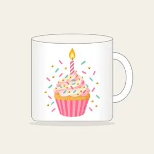 Candlelit Cupcake with Sprinkles Mug in white: A cupcake with a lit candle and scattered sprinkles in pink, mint and gold.