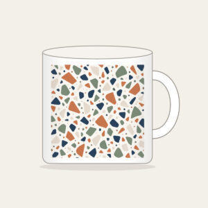 Chip Terrazzo in Terracotta and Navy Mug in white: An all-over terrazzo of chips in terracotta, sage, navy and cream on a warm white field.
