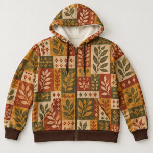 Autumn Quilt Fleece Hoodie with Waistband with a flat printed patchwork pattern of leaves and small diamonds in rust, mustard and olive, the waistband in a solid deep brown