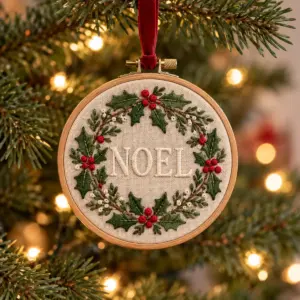 Embroidered hoop ornament with a holly wreath around the word NOEL