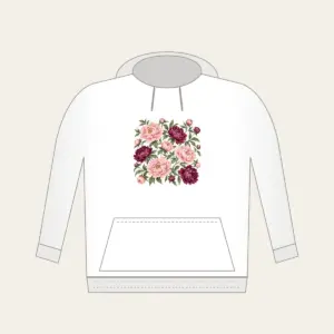 Peony Lace Garden Hoodie in white: Peony blooms and leaves in blush, plum and sage on cream with a lace-look border.