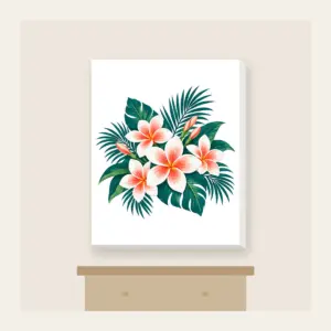 Plumeria and Palm Leaves on Deep Teal Canvas Print in white: White and coral plumeria blossoms and palm leaves glow against a deep teal base.