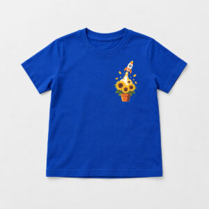 Rocket Garden Youth Tee with compact chest print of a small striped rocket launching from a pot of sunflowers in white, yellow and orange