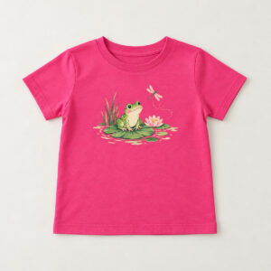 Heliconia Lagoon Frog Youth Tee with compact front chest panel print of a frog on a lily pad with a tiny dragonfly in green, pink and cream