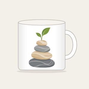 Cairn Stones with a Sprout Mug in white: Stacked cairn stones in grey and sand, topped with a tiny green sprout.