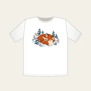 Sleeping Fox Among Snowy Pines T-Shirt in white: A fox curled asleep in a snowbank with tiny pines, in rust, cream and slate blue.