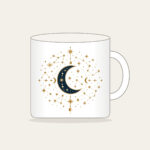 Gilded Constellations and Crescent Moons Mug in white: Cream and gold constellations and crescent moons drift across a deep navy sky.