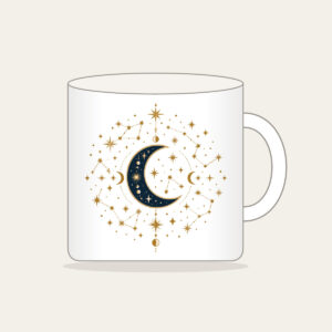 Gilded Constellations and Crescent Moons Mug in white: Cream and gold constellations and crescent moons drift across a deep navy sky.