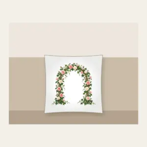 Rose and Ivy Garden Arch Pillow in white: An arch of climbing roses and ivy in blush, deep green and cream, leaving generous open space in the middle.