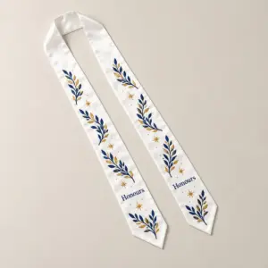 Laurel Honours Graduation Stole with stole with laurel branches and small stars in navy and gold repeating along each end, short word "Honours", no other text