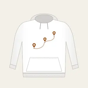 Dotted Route Linking Map Pins Hoodie in white: A dotted route line connects small map pins in cream on warm brown.