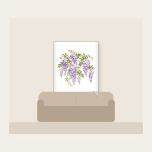 Cascading Wisteria Blossoms Fleece Blanket in white: Lilac wisteria blossoms cascade across a pale ground, threaded with fresh green leaves.