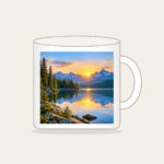 Quiet Lake at Sunrise with Pines Mug in white: A calm lake at sunrise with a pine shoreline, edged by a thin white border.