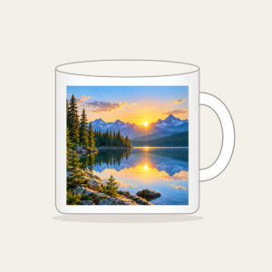 Quiet Lake at Sunrise with Pines Mug in white: A calm lake at sunrise with a pine shoreline, edged by a thin white border.