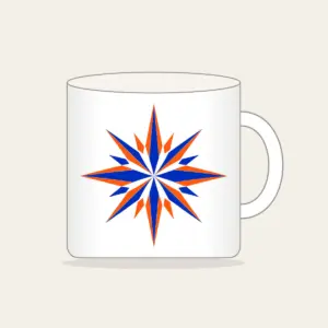 Cobalt Starburst Pattern Mug in white: A starburst pattern in cobalt and orange over a cream field.