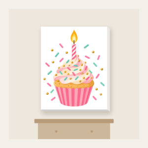 Candlelit Cupcake with Sprinkles Canvas Print in white: A cupcake with a lit candle and scattered sprinkles in pink, mint and gold.