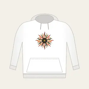 Sunburst Lines on Charcoal with a Small Star Hoodie in white: Sun lines in coral, gold and white radiate across a charcoal ground, with one small star set off to one side.