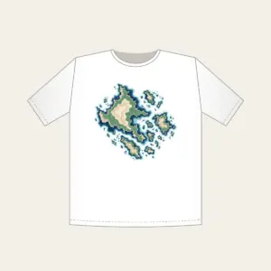 Topographic Coastline and Islands Map T-Shirt in white: Topographic contours of a coastline and islands in navy, sea green and sand on cream.