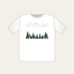 Pine Silhouettes under Scattered Stars T-Shirt in white: A band of pine silhouettes runs along the lower edge beneath a drift of tiny stars in slate, forest green and cream.