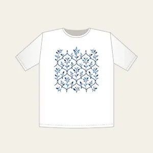 Navy Trellis and Leaf Pattern T-Shirt in white: A repeating trellis of fine lines and small leaves in navy, sky blue and cream.