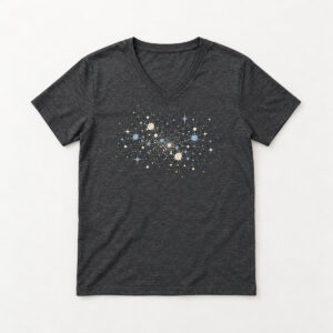 Starfield Splatter V-Neck Tee with a compact bleach splatter look in a small starfield on the chest, in cream and pale blue