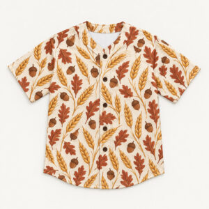 Harvest League Baseball Jersey with all-over repeat of wheat stalks and acorns in rust, mustard and cream with a plain collar band
