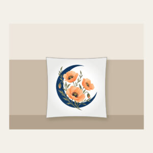 Crescent Moon and Apricot Poppies Pillow in white: A deep blue crescent moon cradles three delicate apricot poppies on fine olive stems.