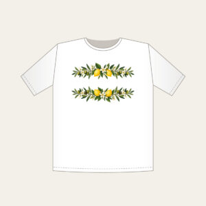 Olive and Lemon Branch Border T-Shirt in white: Olive and lemon branches run along both long edges in green, gold and cream.