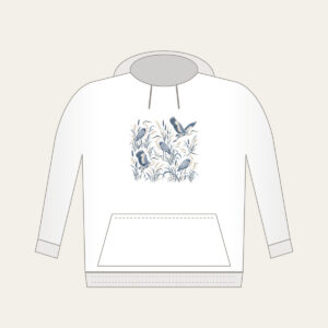 Herons and Reeds in Grey-Blue Hoodie in white: Herons stand among reeds in grey-blue and cream in an all-over pattern.